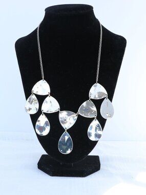 Silver Tone Hammered Bib Statement Necklace Bold Metal Drop Necklace